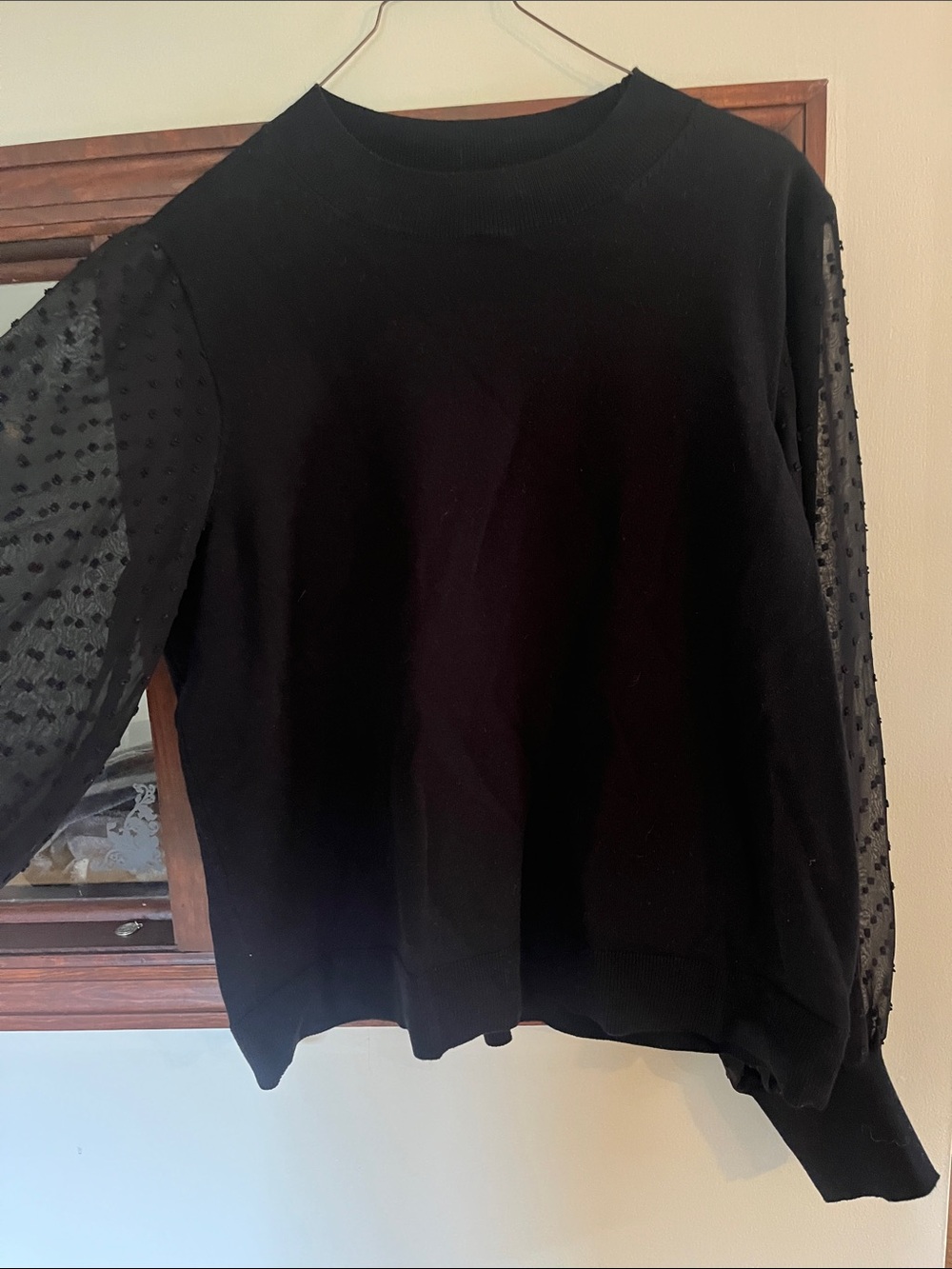 Lightweight Black Ribbed Knit Crewneck Sweater, sheer sleeves with dot detail